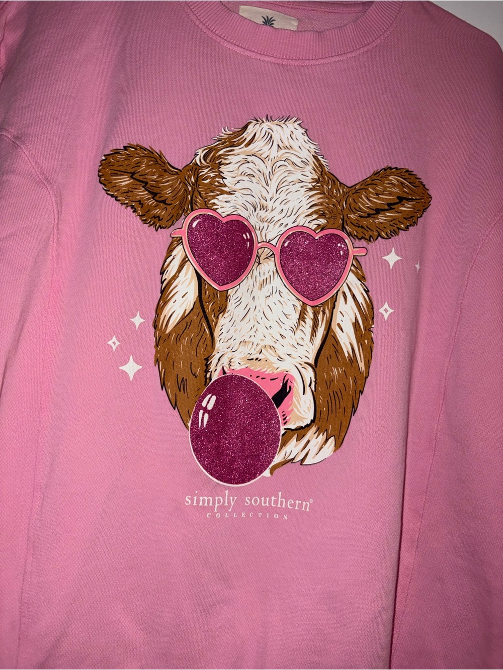 Simply Southern Pink Cow Graphic Crewneck Sweatshirt with Heart Sunglasses - Picture 3 of 4